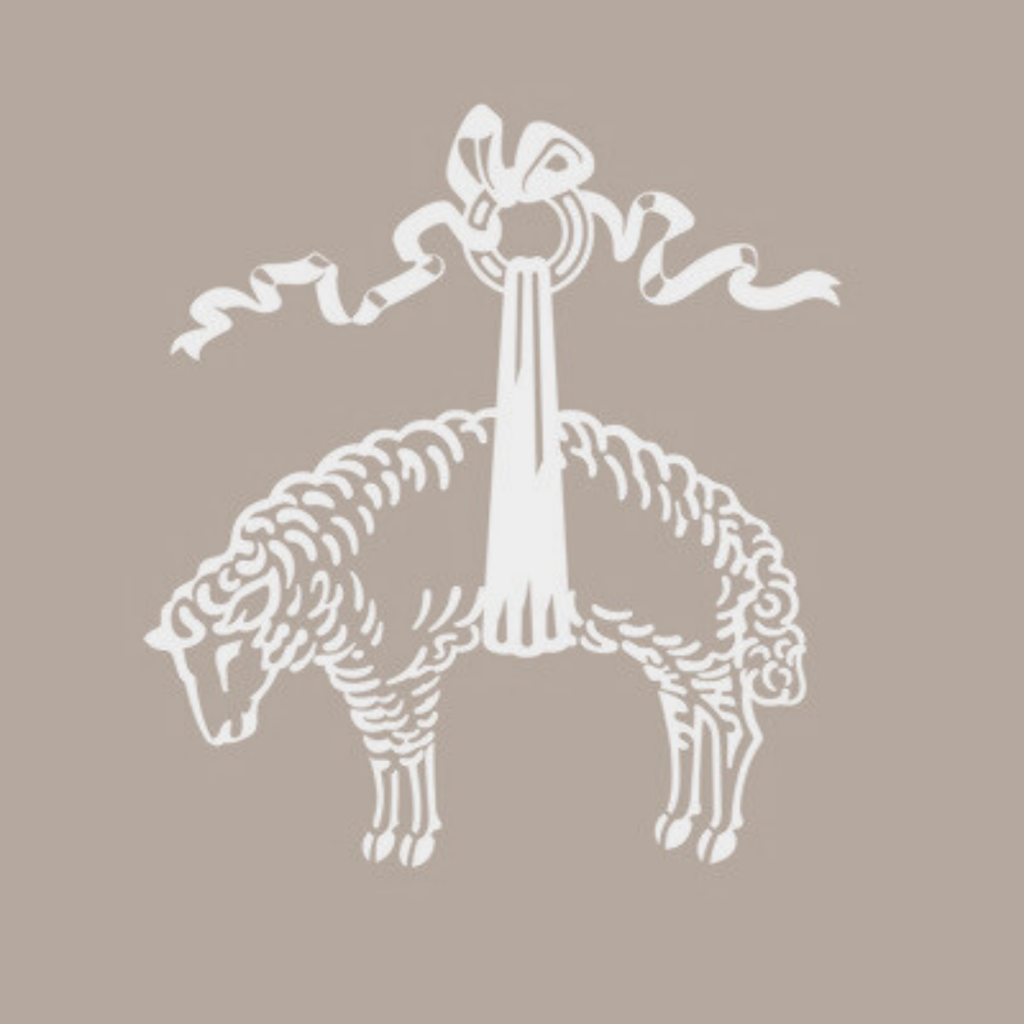 A taupe and white Brooks Brothers logo of a sheep hanging from a ring with a decorative ribbon on top