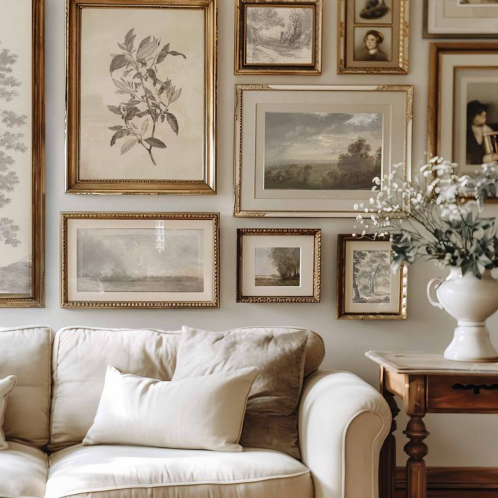 A cozy and elegant room features soft neutral shades of beige, cream, and taupe. A gallery wall displays a collection of gold-framed art pieces, each varying in size. The artwork includes botanical prints, serene landscapes, and vintage portraits, all contributing to a sophisticated yet relaxed ambiance. To the right, a wooden side table holds a white ceramic vase filled with delicate white flowers and greenery, enhancing the room's natural, curated aesthetic. Together these convey the a leisurely, monied lifestyle.