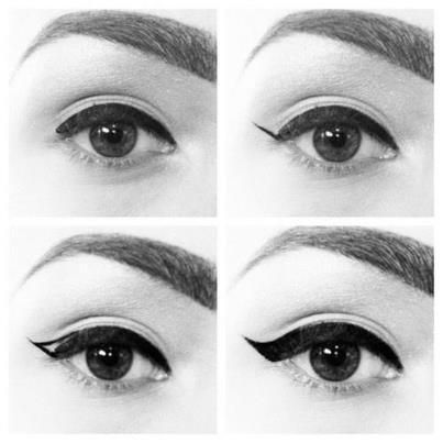 A four-step tutorial for Audrey Hepburn's classic eyeliner in black and white.