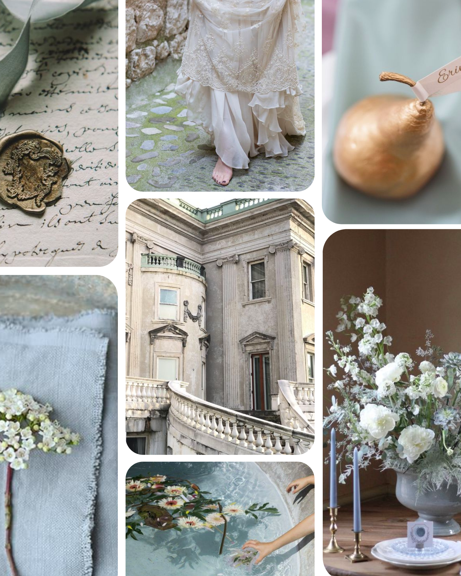 A collage of French blue ivory and mint wedding inspiration images tiled in the style of a Pinterest feed