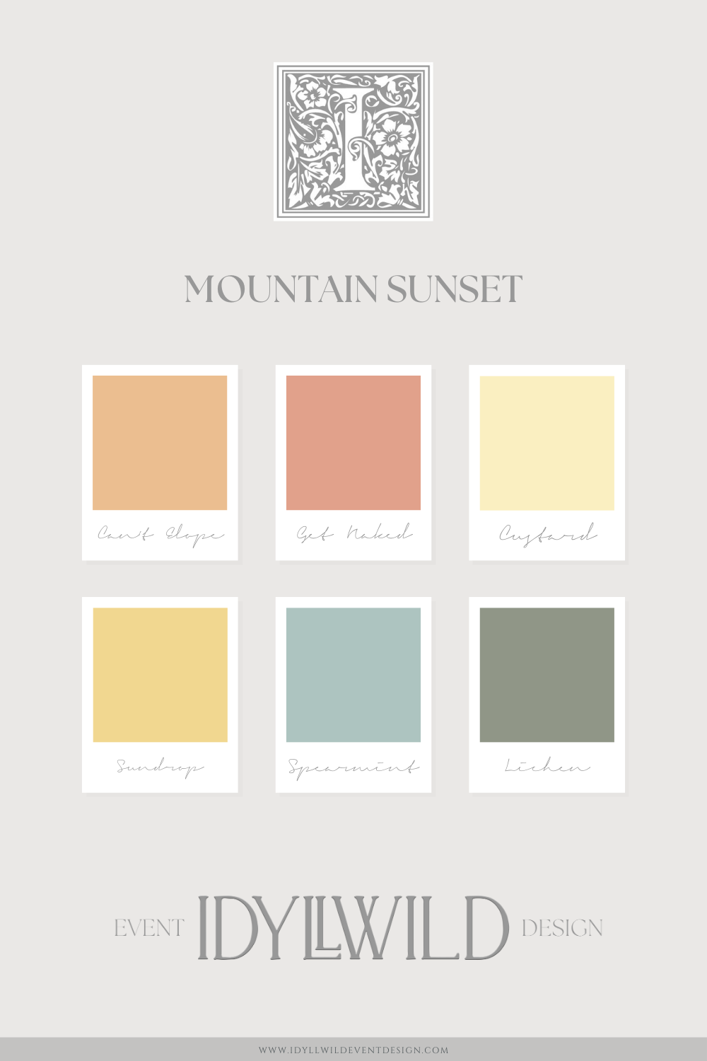 Mountain Sunset wedding color palette with warm, earthy tones including blush pink, soft yellow, muted orange, and sage green, designed by Idyllwild Event Design