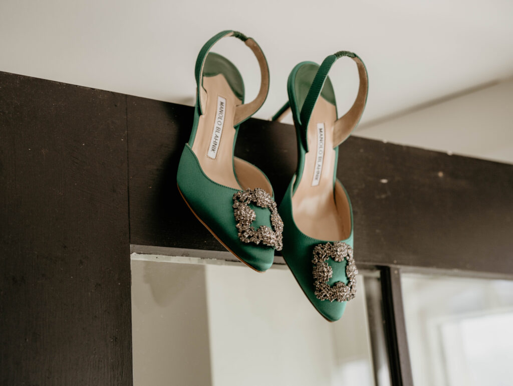 Bride’s green Manolo Blahnik heels at Catskills wedding venue