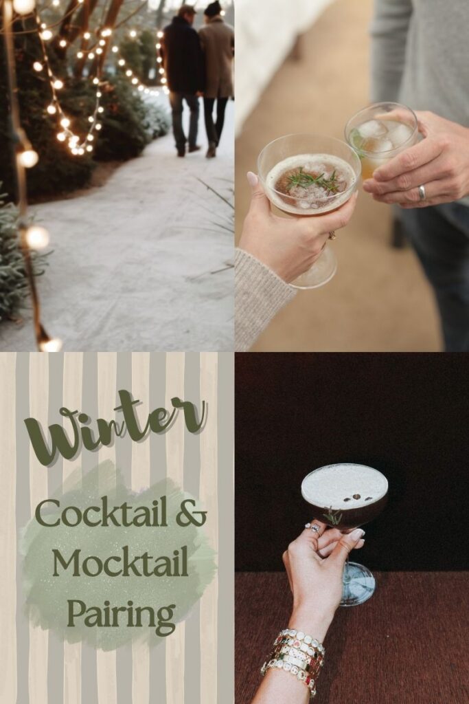 A composite image showing Winter-Inspired Signature Wedding Mocktails and Cocktails with a focus on herbs and spices